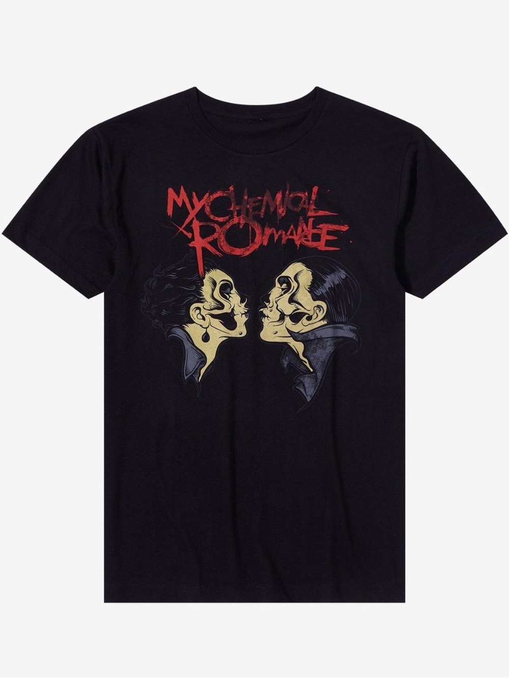 Hot Topic Black My Chemical Romance Graphic Tee with Red Logo and Yellow Faces